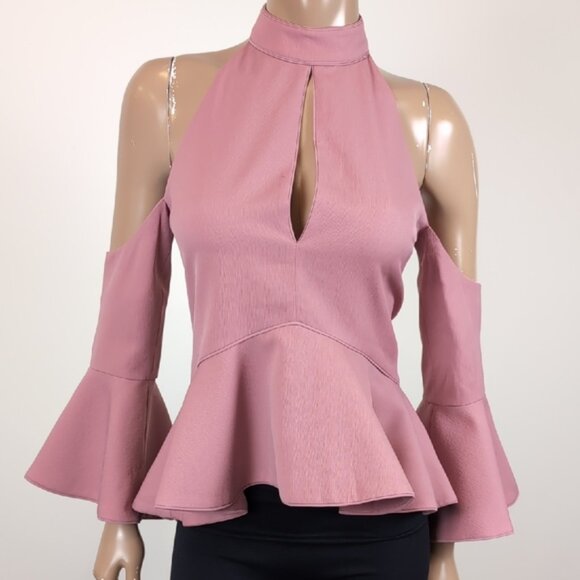 C/Meo Collective Dusty Rose Oblivion Top Halter Flare Sleeve Peplum Ruffle Pink - Picture 16 of 16